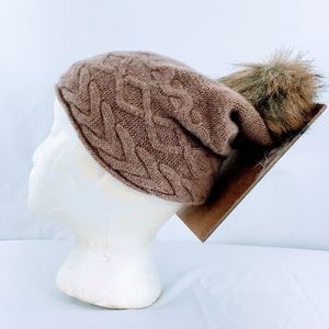 Brown Pine Womens Cashmere Pom Pom Hat Cable Knit Faux Fur Brown Beanie